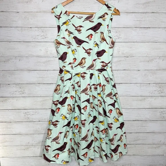 Luouse Retro Pinup Bird Print Fit And Flare Dress Mint Green Sleeveless Size Med - Picture 2 of 7